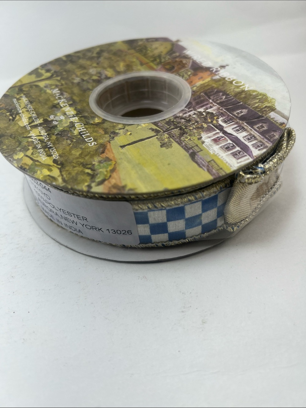 Blue Gingham aWired Ribbon Spool with Gold Edge